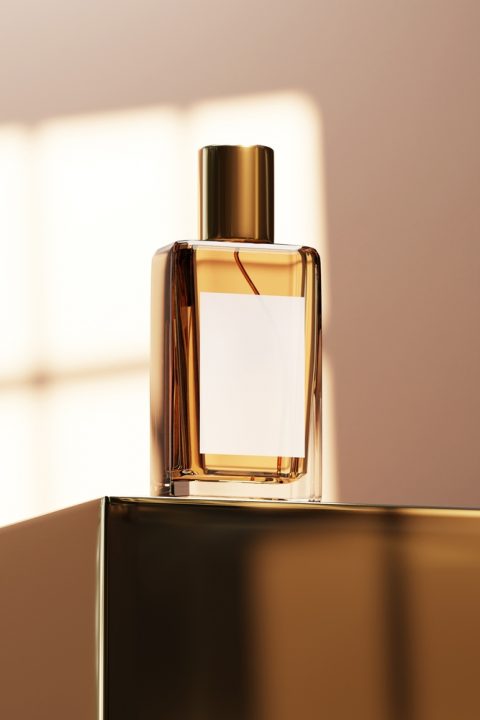 A,Glass,Perfume,Bottle,With,A,Golden,Cap,And,A